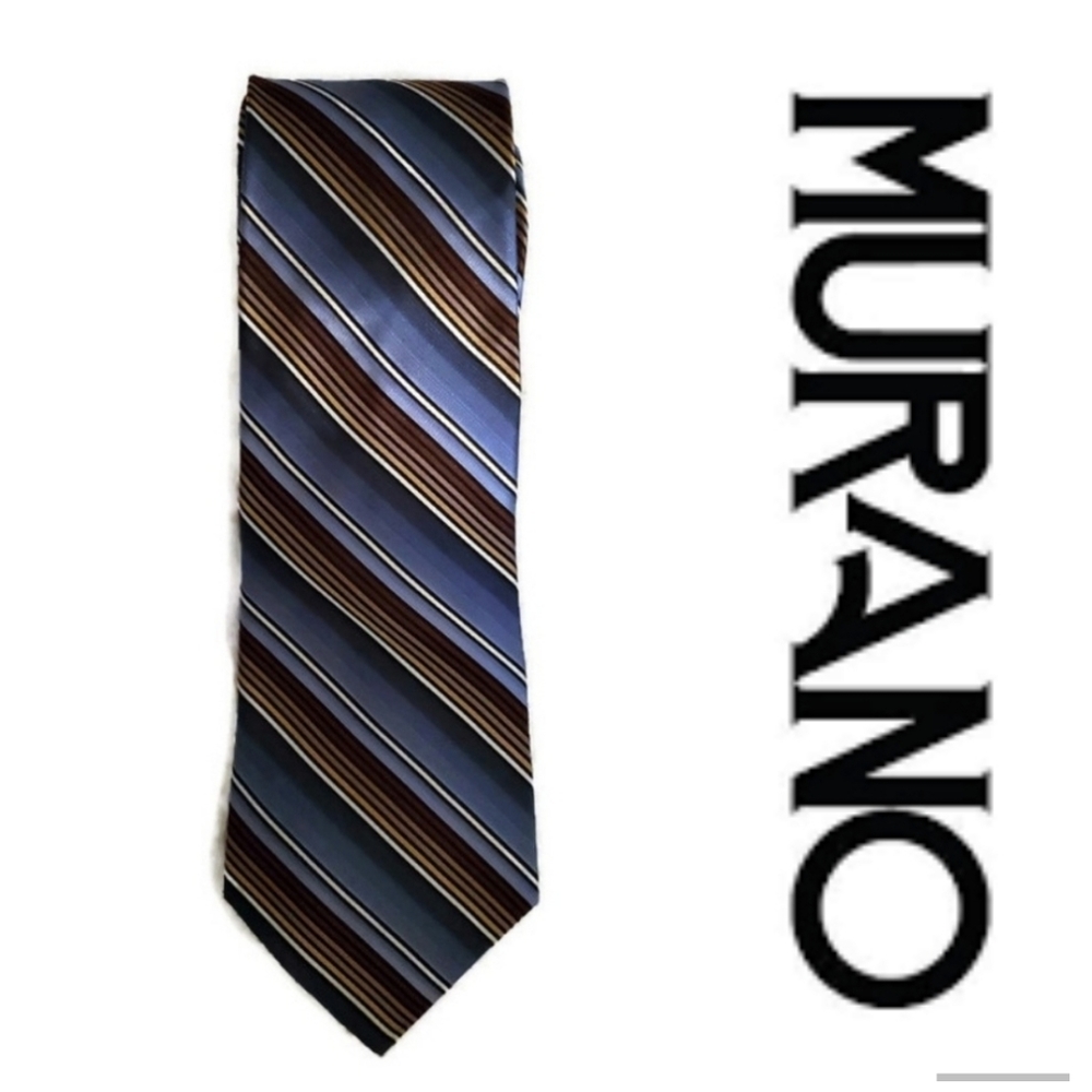 Murano mens 100% silk tie in blue, brown, black diagonal stripes NEW with tags